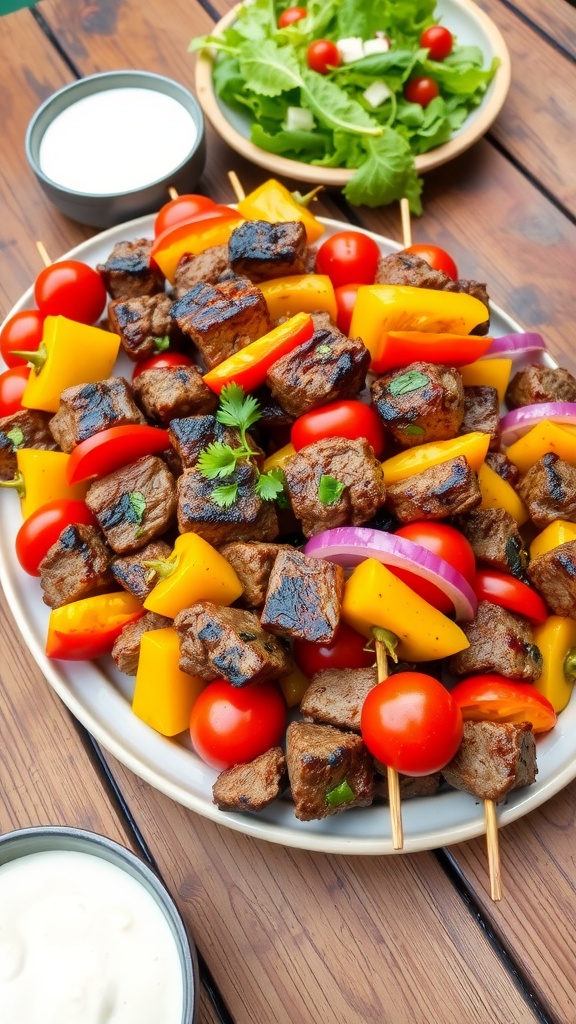 Delicious grilled beef and vegetable kebabs on a platter, with colorful peppers, onions, and tomatoes.